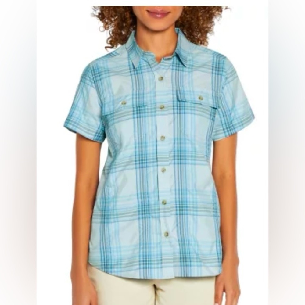 NWTS Eddie Bauer Women’s Blue Plaid Button Shirt Ancient Water Starling Plaid